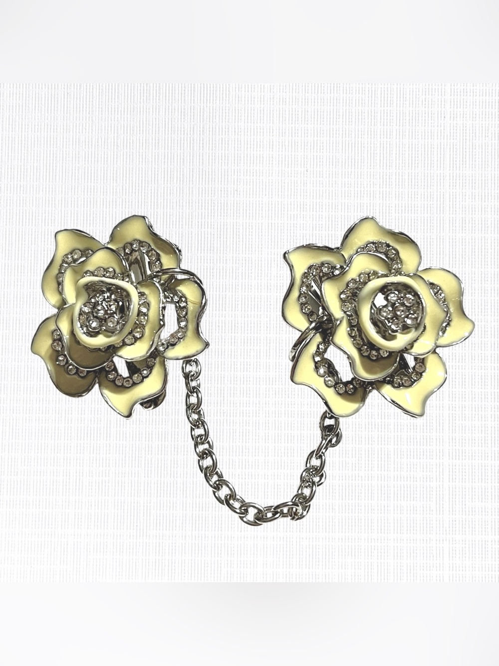 Rhinestone Flower Sweater Guard Silver Tone Chain Cardigan Clips Yellow Enamel